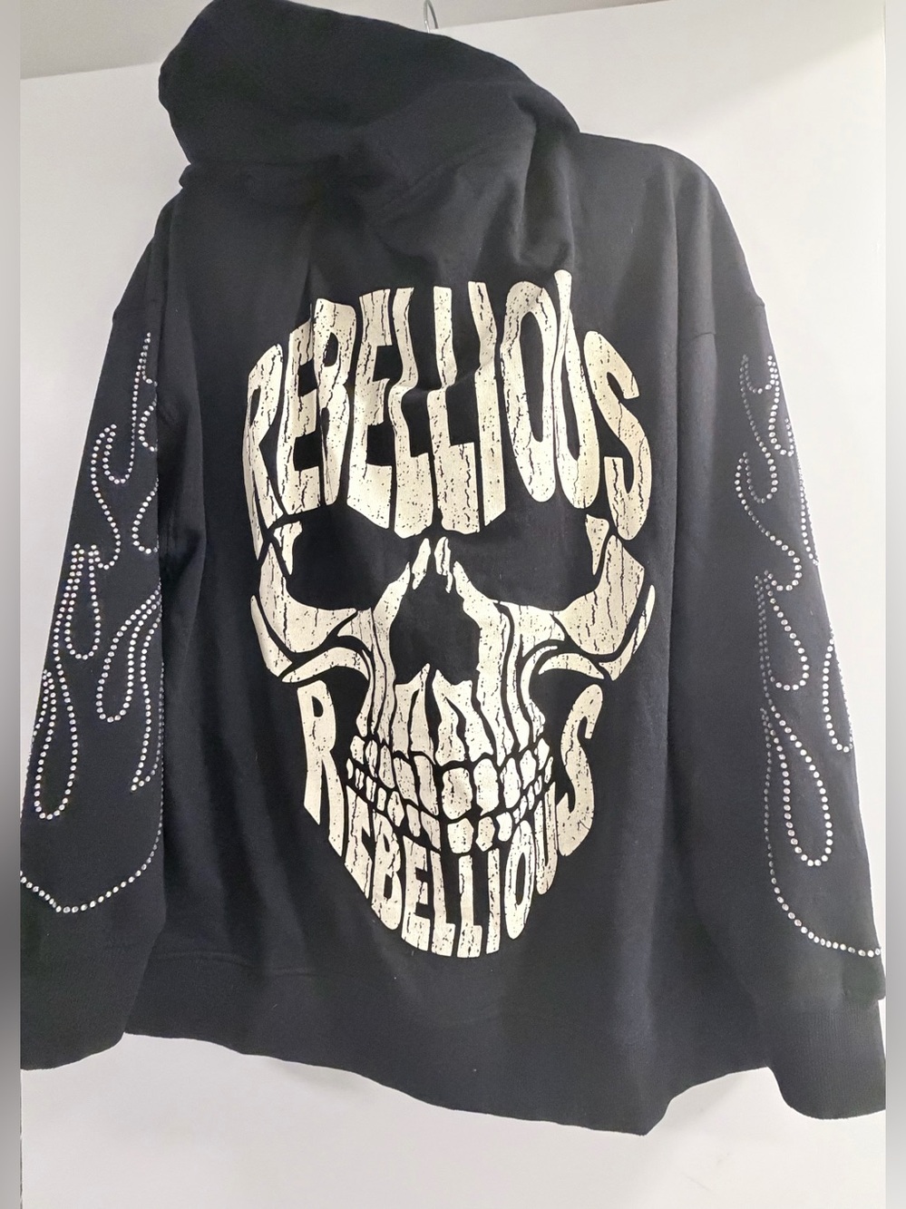 Graphic Hoodie with Rhinestone Flame Sleeves